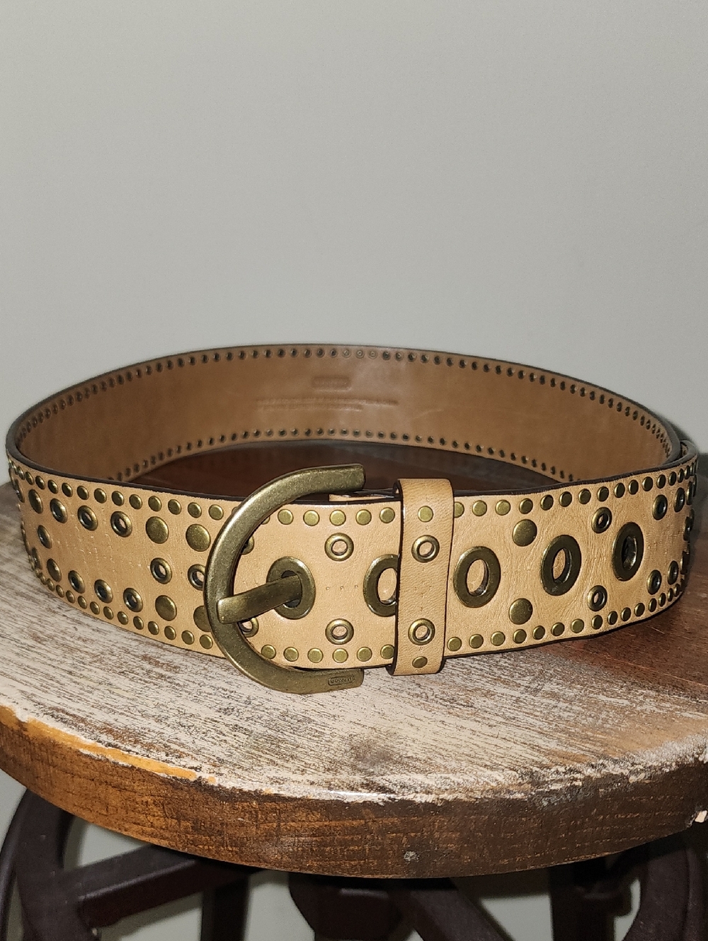 COACH Vintage Studded Tan Leather 2" Belt Antique Solid Brass Buckle Women Small